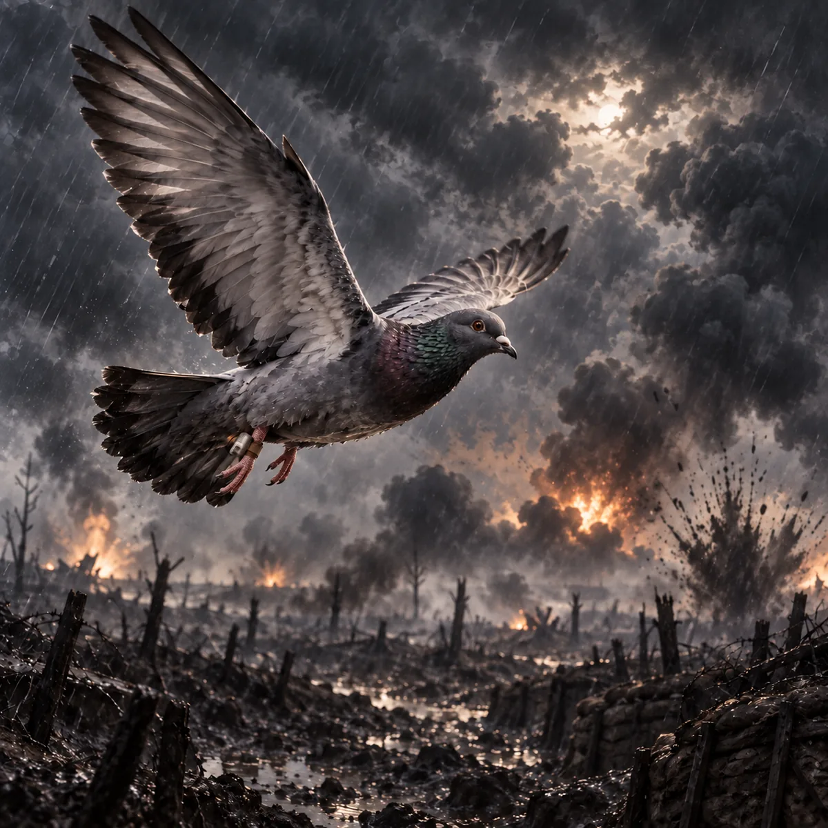 A gray homing pigeon flying through rain and smoke above distant artillery bursts