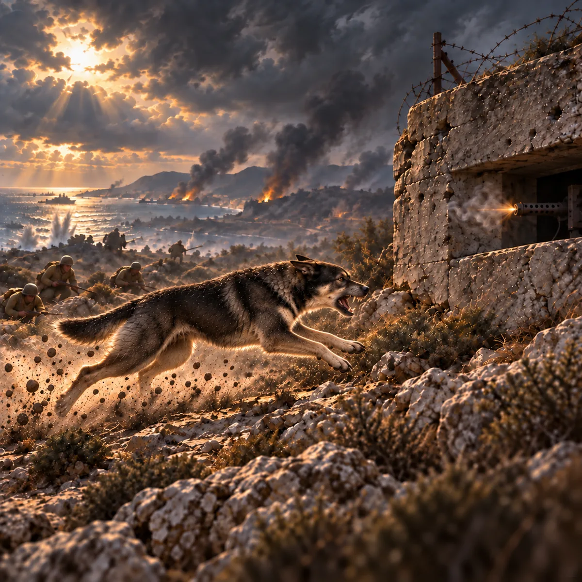A mixed-breed war dog charging toward a machine-gun pillbox on a rocky Sicilian hillside