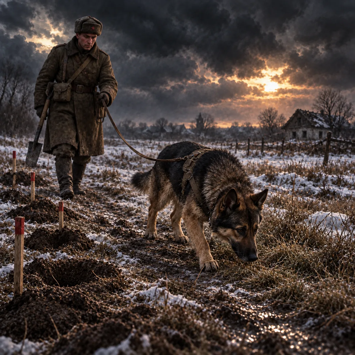 A shepherd-type detection dog searching ground ahead of a sapper and marked excavation holes