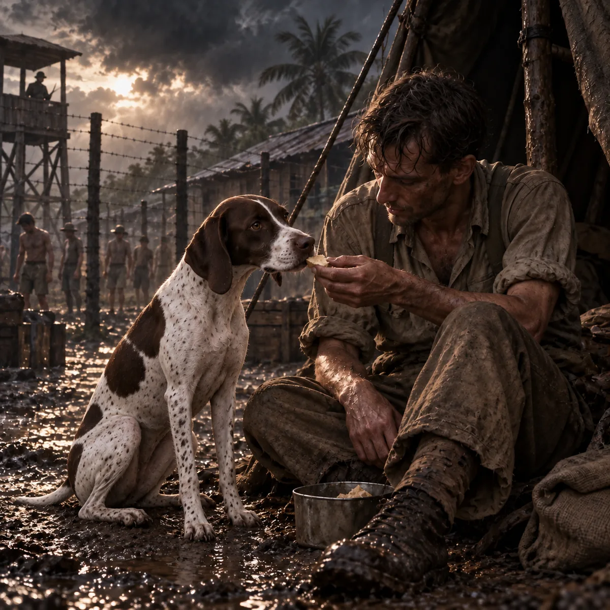 A liver-and-white pointer beside a British prisoner sharing food in a Sumatra camp