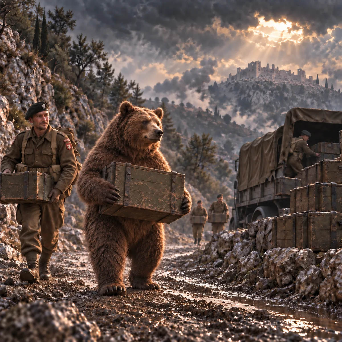A brown bear carrying a wooden crate among Polish supply soldiers near Monte Cassino